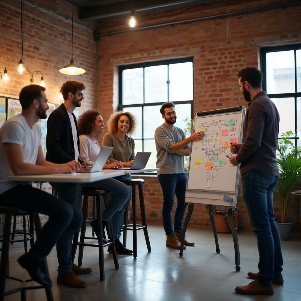 Echipă tânără de startup discutând despre strategie
